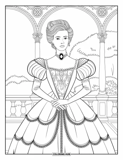 Dibujo de princesas para colorear para adultos: Una princesa victoriana con vestido de encaje está de pie con elegancia en un jardín frondoso