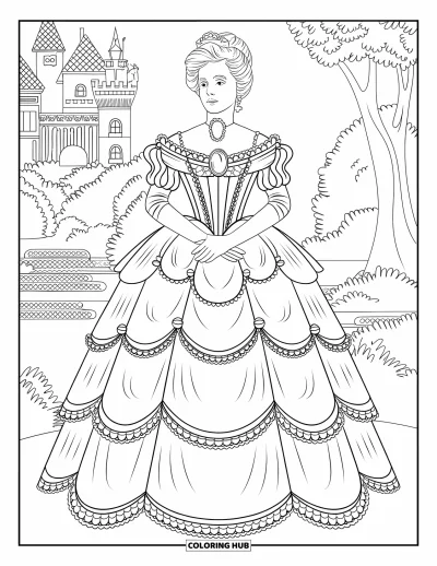 Dibujo de princesas para colorear para adultos: Una princesa victoriana con vestido de encaje, perlas y guantes