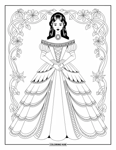 Dibujo de princesas para colorear para adultos: Una princesa victoriana con vestido cubierto de perlas está de pie con elegancia junto a flores en flor