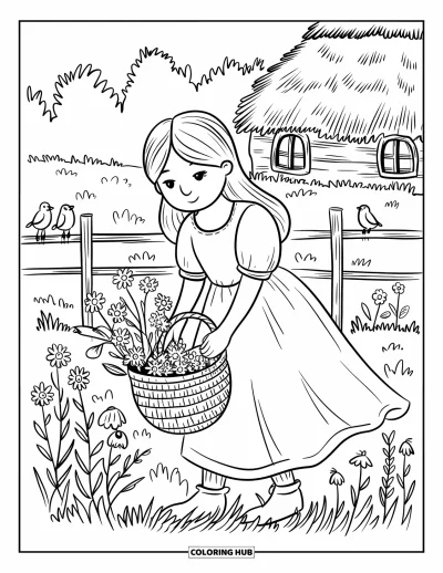 Dibujo de princesas para colorear para adultos: Una princesa de aldea recoge flores silvestres en una cesta, con pájaros posados cerca