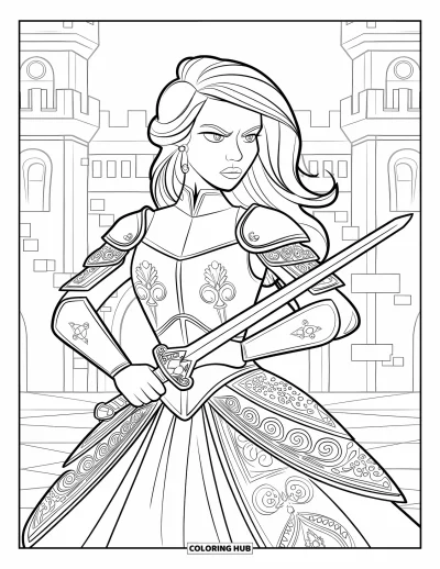 Dibujo de princesas para colorear para adultos: Una princesa guerrera con vestido de filigrana está de pie con una espada junto a un lago sereno