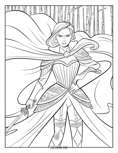 Dibujo de princesas para colorear para adultos: Una princesa guerrera con vestido de detalles de armadura sosteniendo una espada con joyas