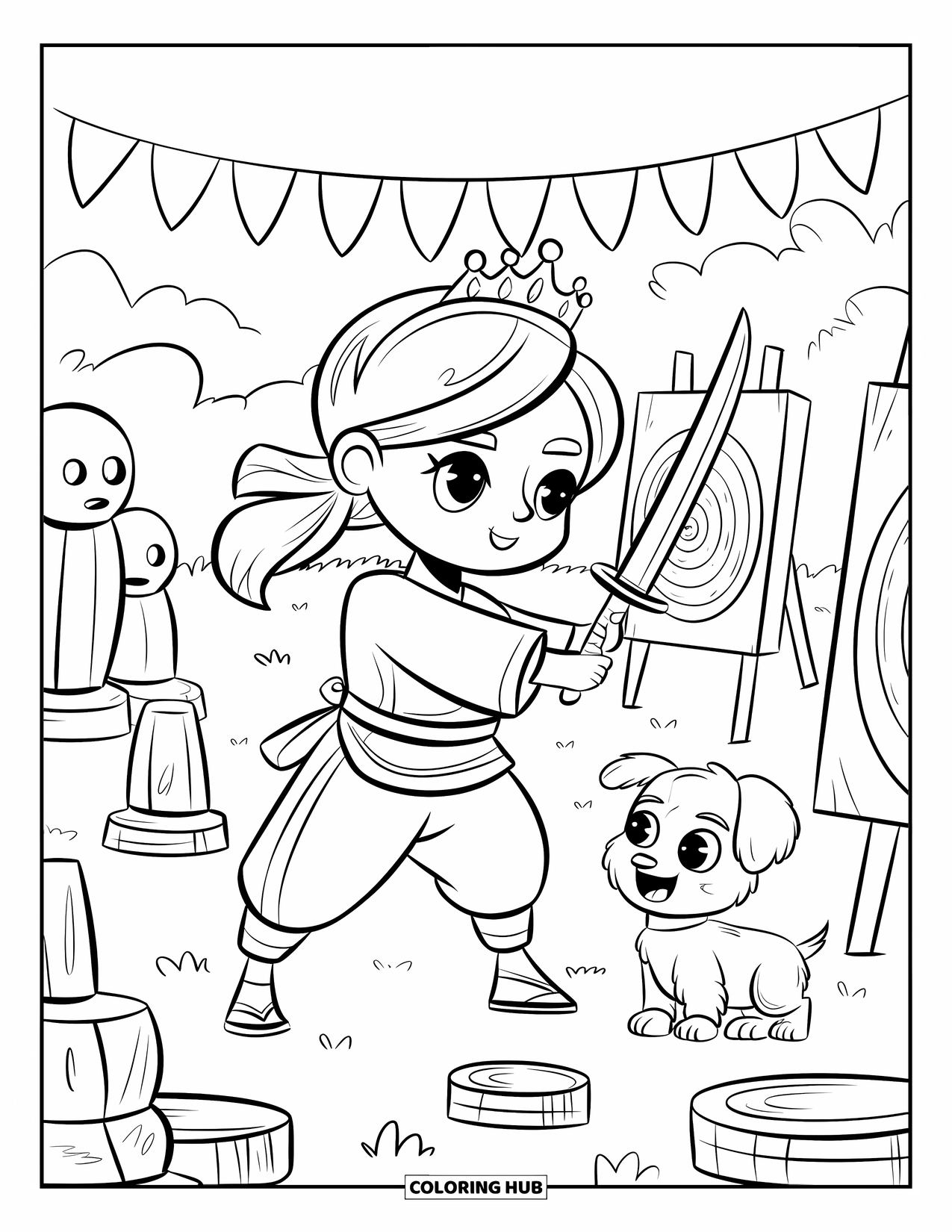 Princess Coloring Page for Adults: A warrior princess sharpens her skills, a loyal puppy at her side