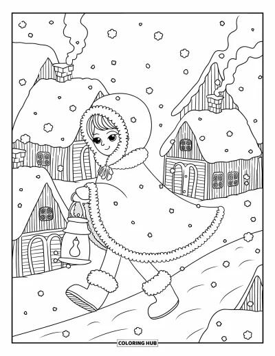 Dibujo de princesas para colorear para adultos: Una princesa invernal sostiene una linterna mientras camina por un pueblo nevado de casitas