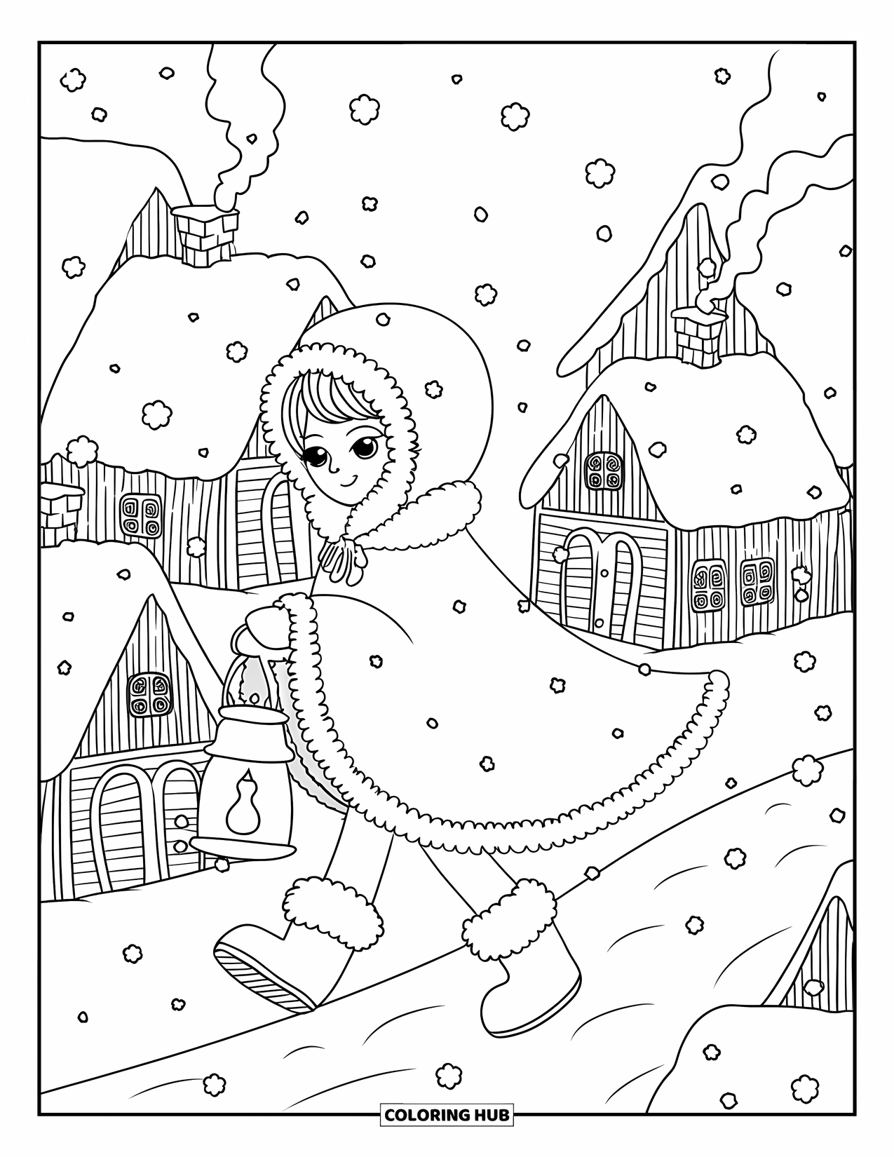 Princess Coloring Page for Adults: A winter princess holds a lantern, walking through a snowy village of cottages