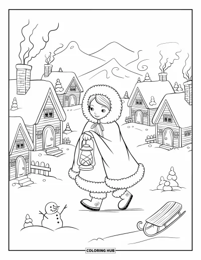 Dibujo de princesas para colorear para adultos: Una princesa invernal camina por un pueblo nevado con una linterna en la mano