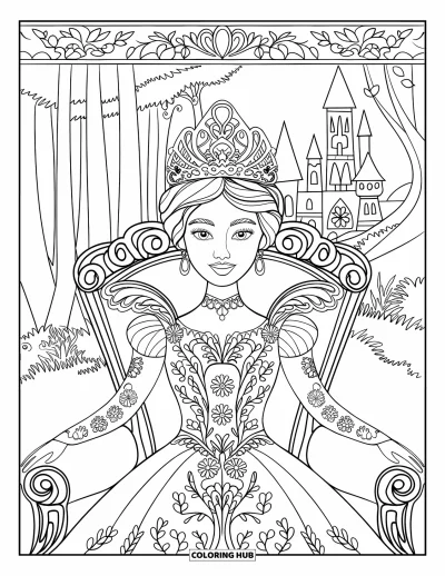 Dibujo de princesas para colorear para adultos: Una reina encantada con vestido floral se sienta con elegancia en un trono ornamentado