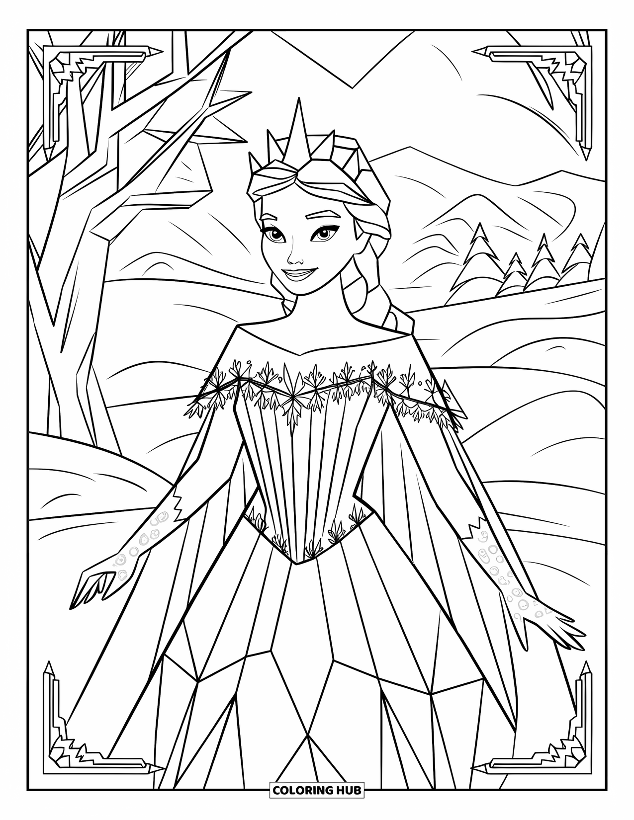 Princess Coloring Page for Adults: An ice queen in a crystal gown with snowflake patterns and a sheer cape
