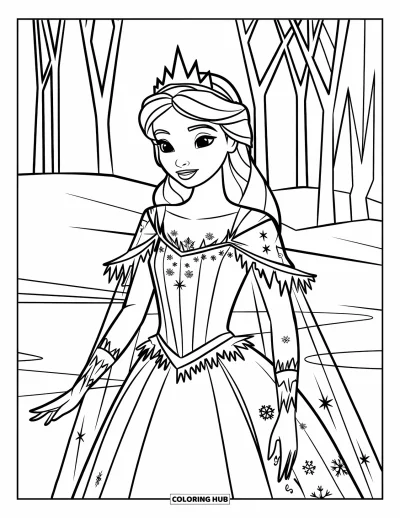 Dibujo de princesas para colorear para adultos: Una reina de hielo con vestido escarchado y estampados de copos está entre árboles cubiertos de nieve