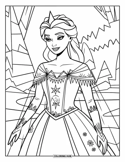 Dibujo de princesas para colorear para adultos: Una reina de hielo con vestido de estampado de copos y capa translúcida