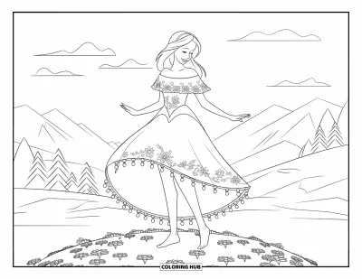 Dibujo de princesas para colorear para niños: Una princesa descalza, con vestido de encaje, gira sobre una colina cubierta de flores