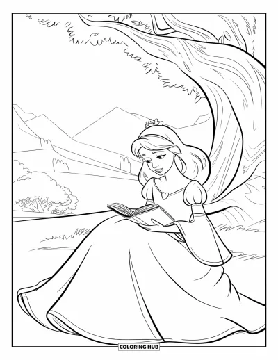 Dibujo de princesas para colorear para niños: Una princesa amante de los libros lee bajo un árbol antiguo con vestido bordado con constelaciones