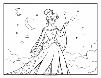 Dibujo de princesas para colorear para niños: Una princesa celestial con vestido estampado de estrellas contempla el cielo nocturno