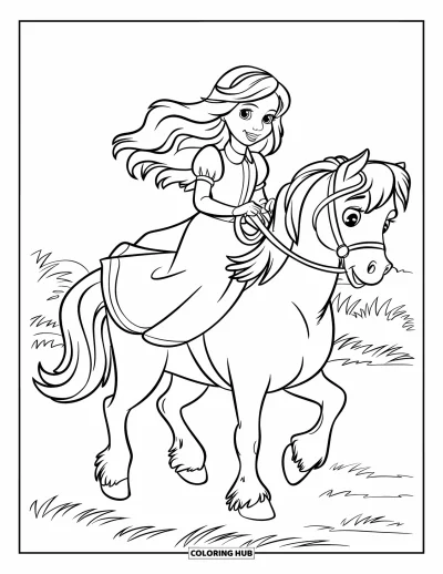 Dibujo de princesas para colorear para niños: Una princesa alegre monta un poni por un campo verde