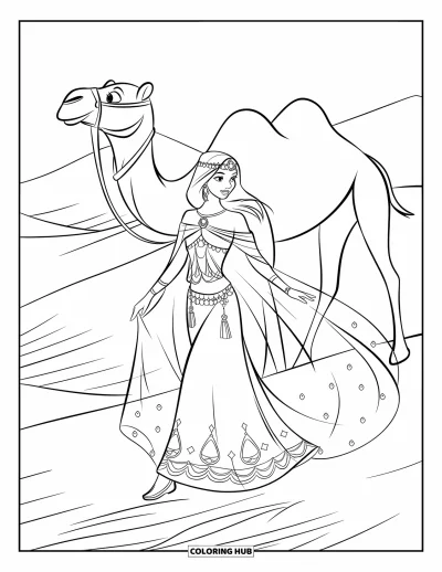 Dibujo de princesas para colorear para niños: Una princesa del desierto guía un camello entre dunas de arena con un vestido drapeado