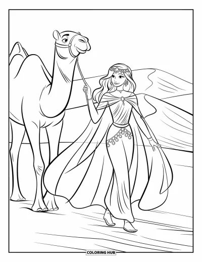 Dibujo de princesas para colorear para niños: Una princesa del desierto con capa guía un camello por las dunas
