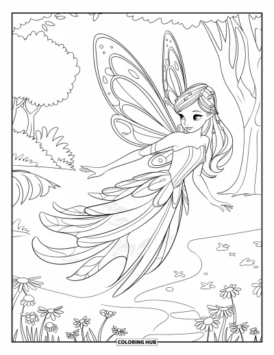 Dibujo de princesas para colorear para niños: Una princesa hada revolotea sobre un prado con un vestido en forma de pétalos