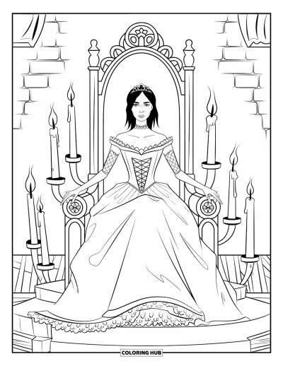 Dibujo de princesas para colorear para niños: Una princesa gótica con vestido victoriano se sienta con elegancia en un trono iluminado con velas