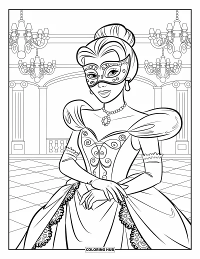 Dibujo de princesas para colorear para niños: Una princesa enmascarada con vestido ornamentado está en un baile de máscaras