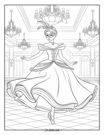 Dibujo de princesas para colorear para niños: Una princesa enmascarada gira bajo candelabros en un gran baile