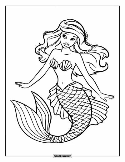 Dibujo de princesas para colorear para niños: Una princesa sirena con vestido adornado con conchas está de pie con elegancia entre corales y algas