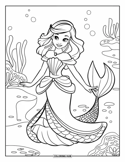 Dibujo de princesas para colorear para niños: Una princesa sirena, con perlas en el cabello, está de pie con elegancia en un mundo submarino