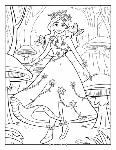 Dibujo de princesas para colorear para niños: Una princesa de la naturaleza con vestido estampado de hojas camina por un bosque místico