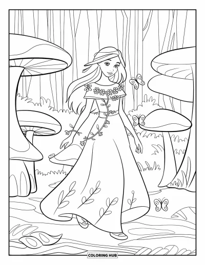 Dibujo de princesas para colorear para niños: Una princesa de la naturaleza, con corona de flores, camina por un bosque de hongos