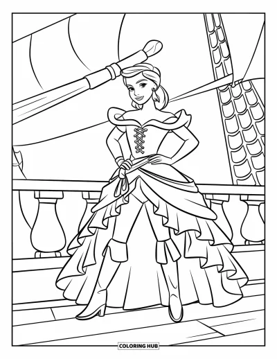 Dibujo de princesas para colorear para niños: Una princesa pirata con corsé y banda está de pie con valentía en la cubierta de un barco