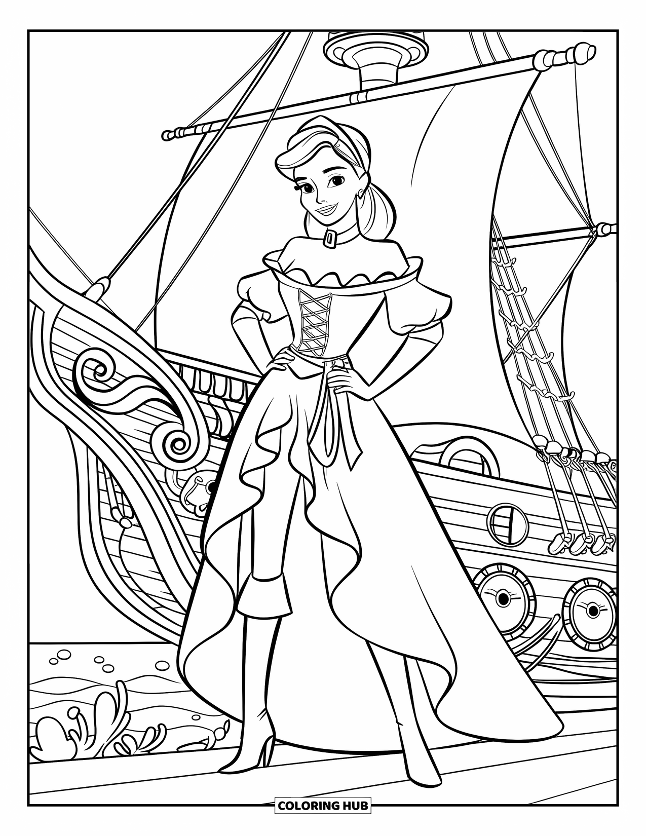 Princess Coloring Page for Kids: A pirate princess in tall boots and a sash stands on a ship's deck