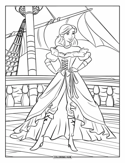 Dibujo de princesas para colorear para niños: Una princesa pirata está de pie con seguridad en la cubierta de un barco, con vestido con volantes y botas