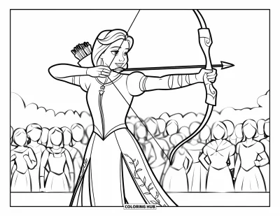 Dibujo de princesas para colorear para niños: Una princesa apunta su arco en un concurso de tiro, con un vestido bordado con enredaderas