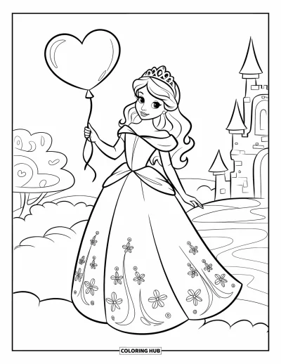 Dibujo de princesas para colorear para niños: Una princesa sostiene un globo con forma de corazón mientras está de pie sobre una nube