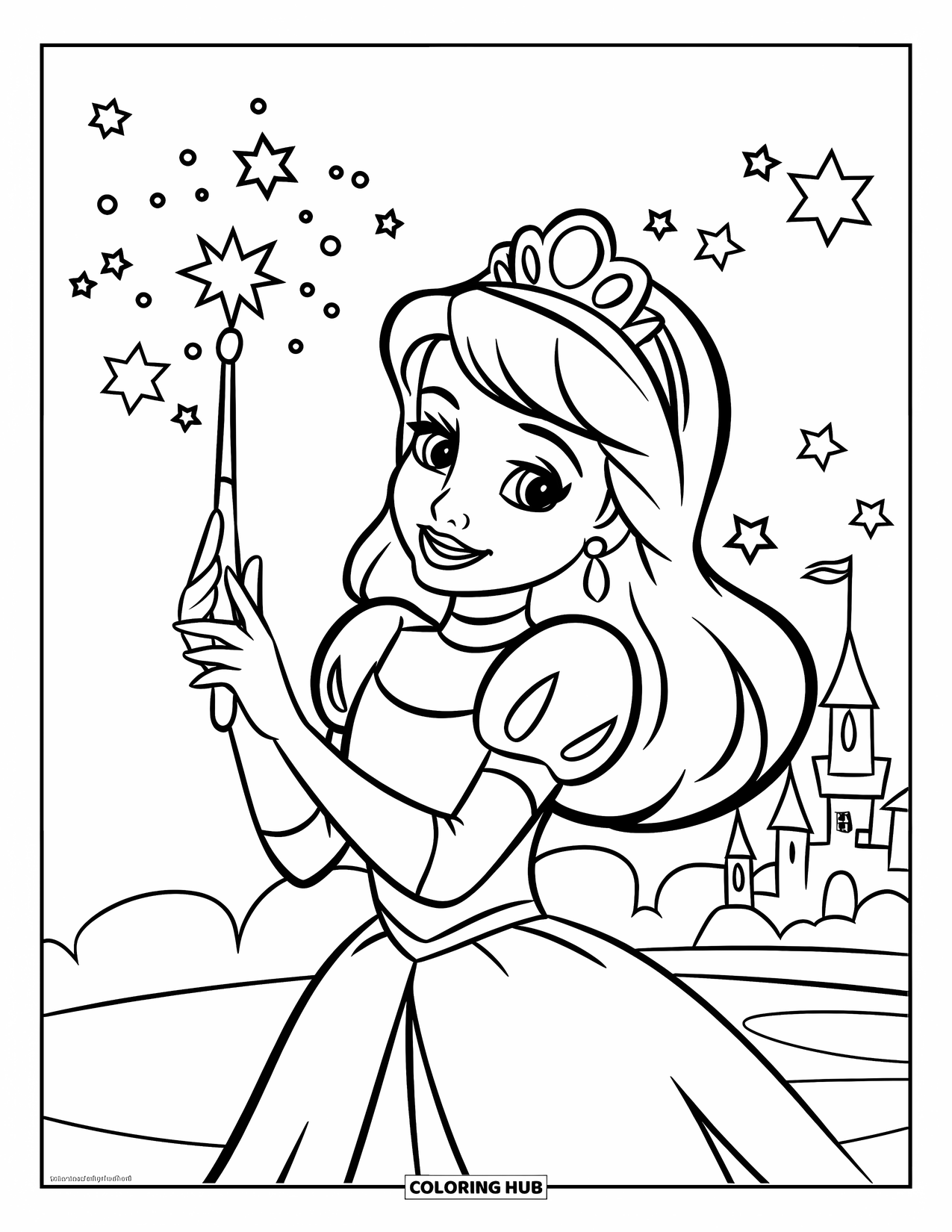 Princess Coloring Page for Kids: A princess holds a magic wand surrounded by twinkling stars and a castle