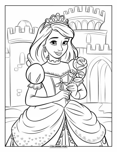 Dibujo de princesas para colorear para niños: Una princesa sostiene una rosa y lleva un vestido con bordados intrincados