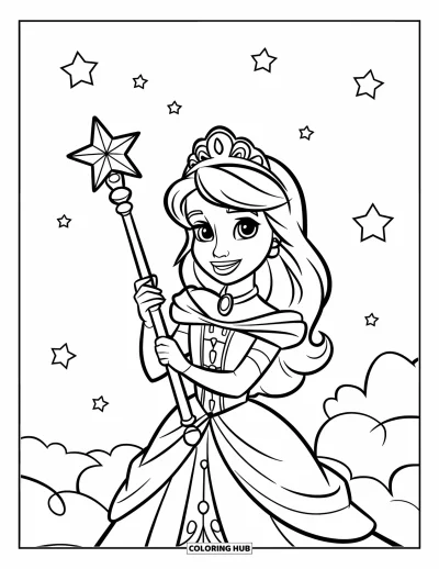Dibujo de princesas para colorear para niños: Una princesa sostiene un cetro con punta de estrella mientras está de pie sobre una nube