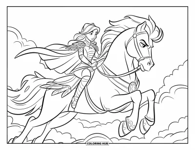Dibujo de princesas para colorear para niños: Una princesa con vestido de batalla monta un Pegaso entre las nubes