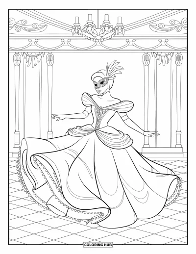 Dibujo de princesas para colorear para niños: Una princesa con vestido de cuentas gira en un baile de máscaras con antifaz de plumas