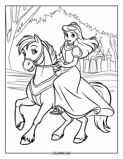 Dibujo de princesas para colorear para niños: Una princesa con vestido azul monta un poni junto a un castillo