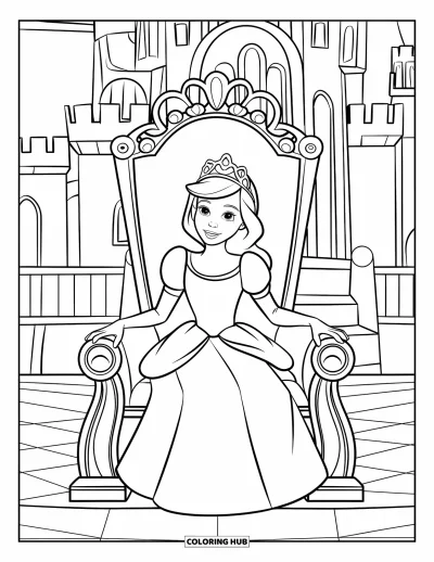 Dibujo de princesas para colorear para niños: Una princesa con vestido azul se sienta feliz en un trono dentro de un castillo