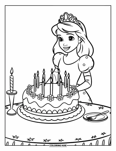 Dibujo de princesas para colorear para niños: Una princesa con vestido azul sonríe junto a un pastel decorado con flores