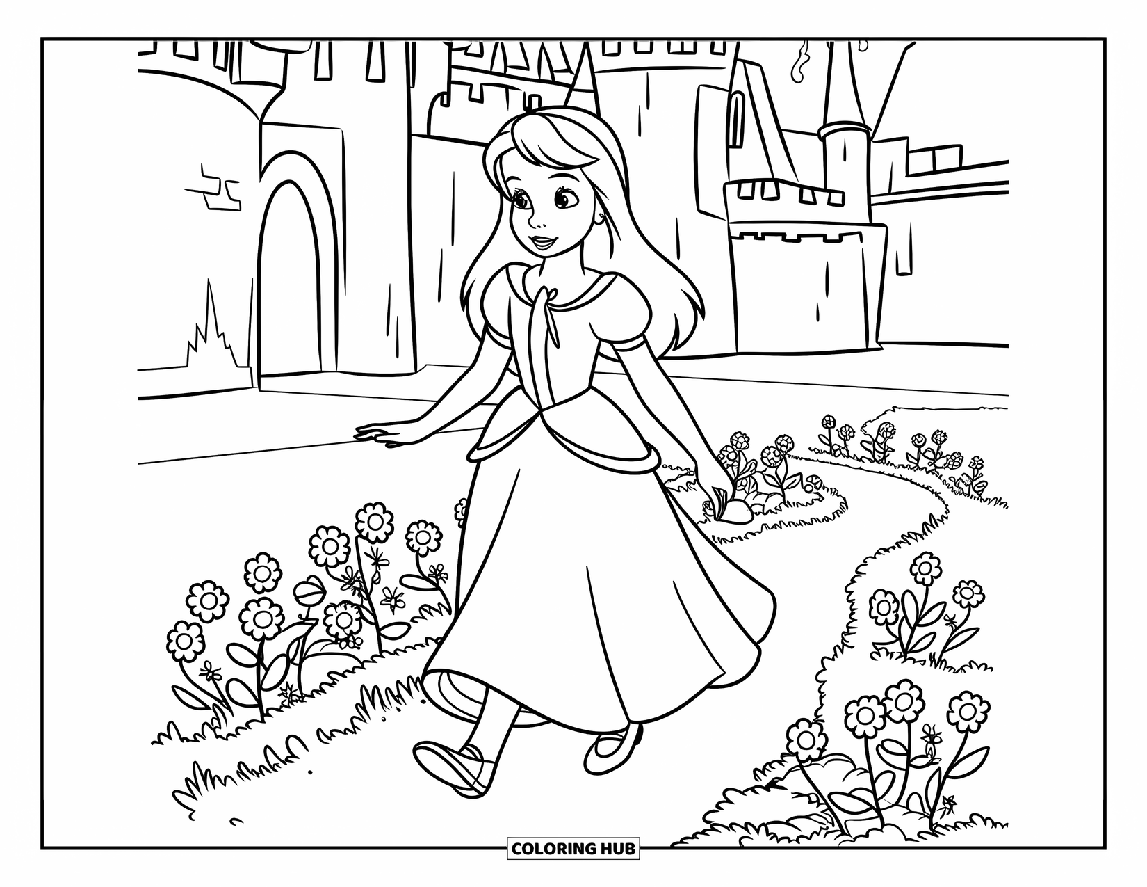 Princess Coloring Page for Kids: A princess in a blue dress walks through a tiny flower garden
