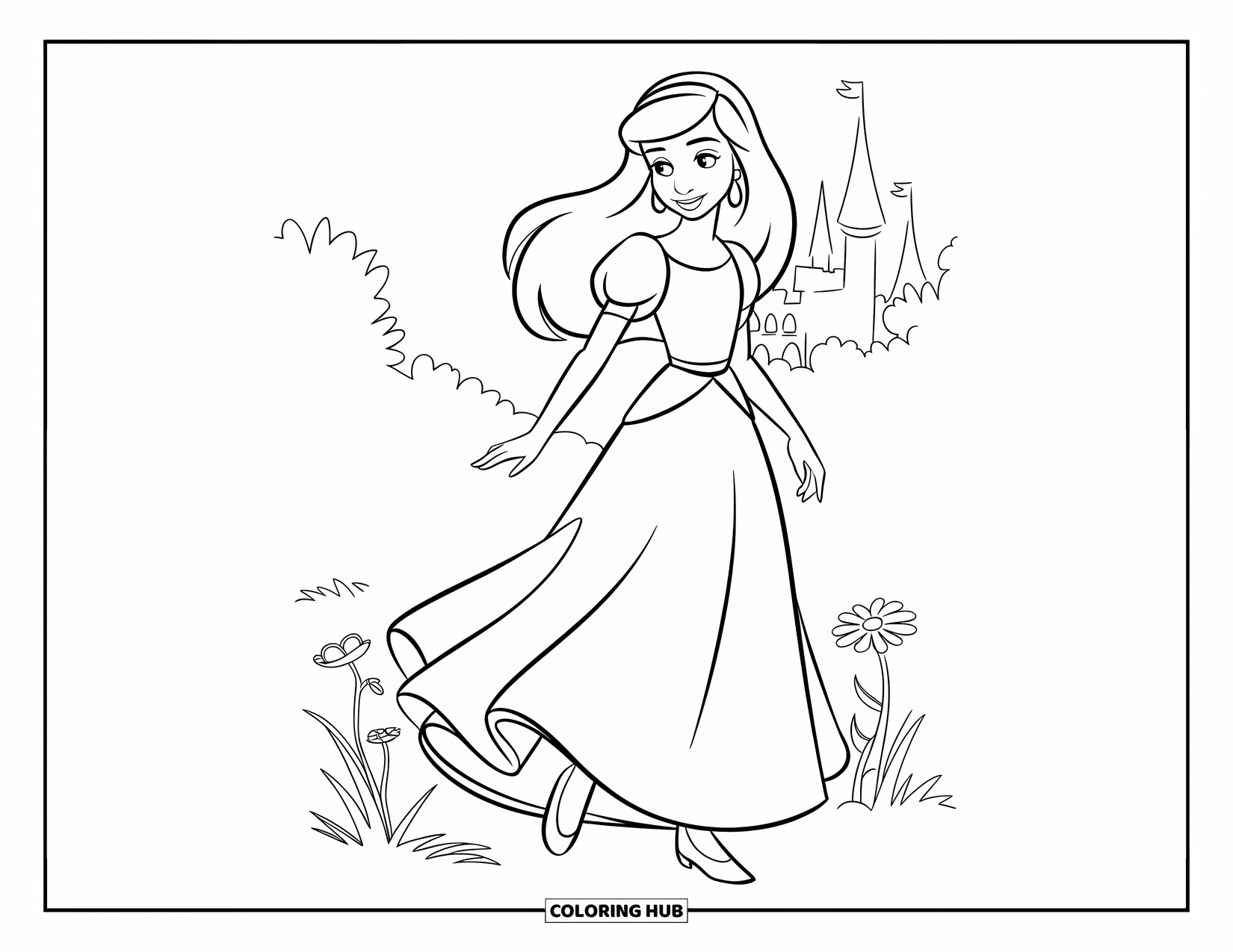 Princess Coloring Page for Kids: A princess in a blue sash walks through a flower garden by a castle