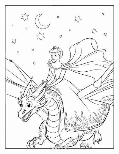 Dibujo de princesas para colorear para niños: Una princesa con capa monta un dragón bajo un cielo lleno de estrellas