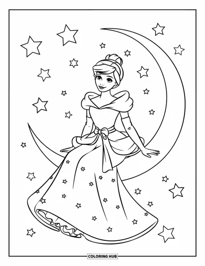 Dibujo de princesas para colorear para niños: Una princesa con vestido como de nube se sienta en una luna creciente entre estrellas