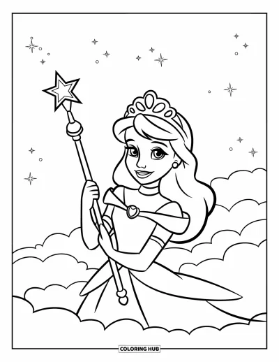 Dibujo de princesas para colorear para niños: Una princesa con corona sostiene un cetro bajo un cielo lleno de estrellas