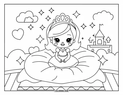 Dibujo de princesas para colorear para niños: Una princesa con corona se sienta feliz sobre un cojín, rodeada de estrellas y corazones