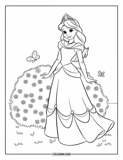 Dibujo de princesas para colorear para niños: Una princesa con corona está junto a un arbusto de flores con mariposas cerca