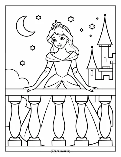 Dibujo de princesas para colorear para niños: Una princesa con corona está de pie en un balcón bajo un cielo lleno de estrellas