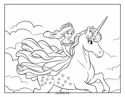 Dibujo de princesas para colorear para niños: Una princesa con vestido de plumas monta un unicornio entre las nubes